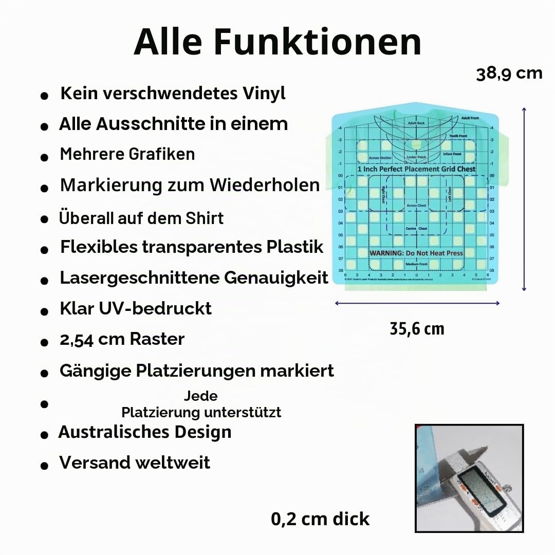 T-Shirt-Lineal-Anleitung – Brustpositionierung | Ausrichtungshilfe für Transferpressen | HTV, DTF und Stickerei | Linke Brust, Tasche und benutzerdefinierte Positionen | Transparentes PETG