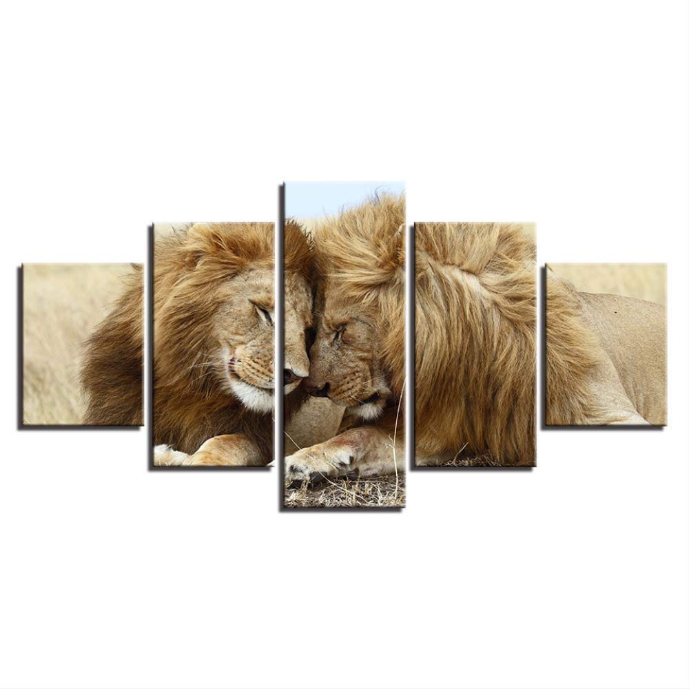 Toile peinture animal lion 5 panneaux décoration murale chambre