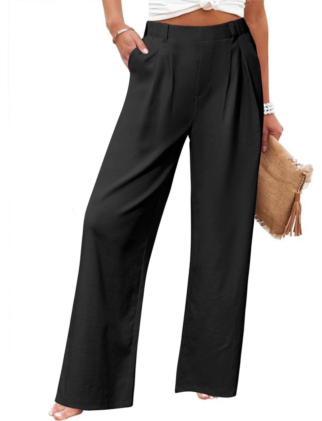 Friptspyg Palazzo Hose Freizeithose Damen Sommer Hohe Taille Palazzo Elastische Freizeithose mit Taschen