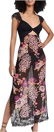 Sexy Bow Neck Cutout Tie Back Long Sleeve Split Crochet Knit Maxi Cover Up Dress main image 1