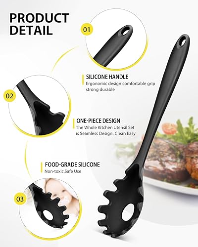 Miniatura 2 de Juego de 3 utensilios de cocina de silicona, cucharón de sopa, tenedor de pasta, cuchara de slottee, antiadherentes, sin BPA, utensilios de cocina