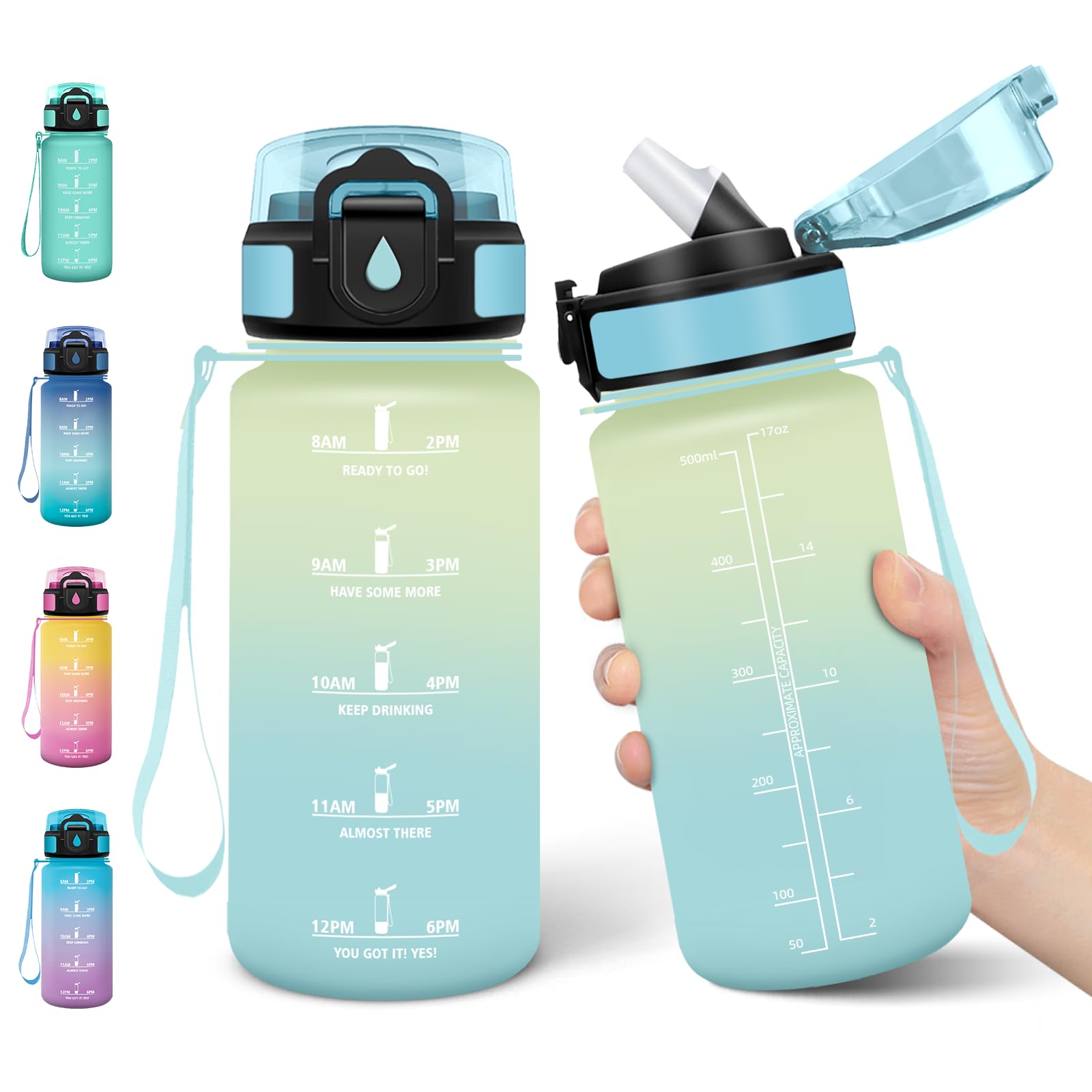 Motswedi Trinkflasche Kinder, 500ml, Kohlensäure Geeignet, Trinkflasche mit Strohhalm, Auslaufsicher, Wasserflasche, BPA-Frei, Flasche, Einhandöffnung, Trinkflaschen, für Schule, Cremeweiß Hellblau