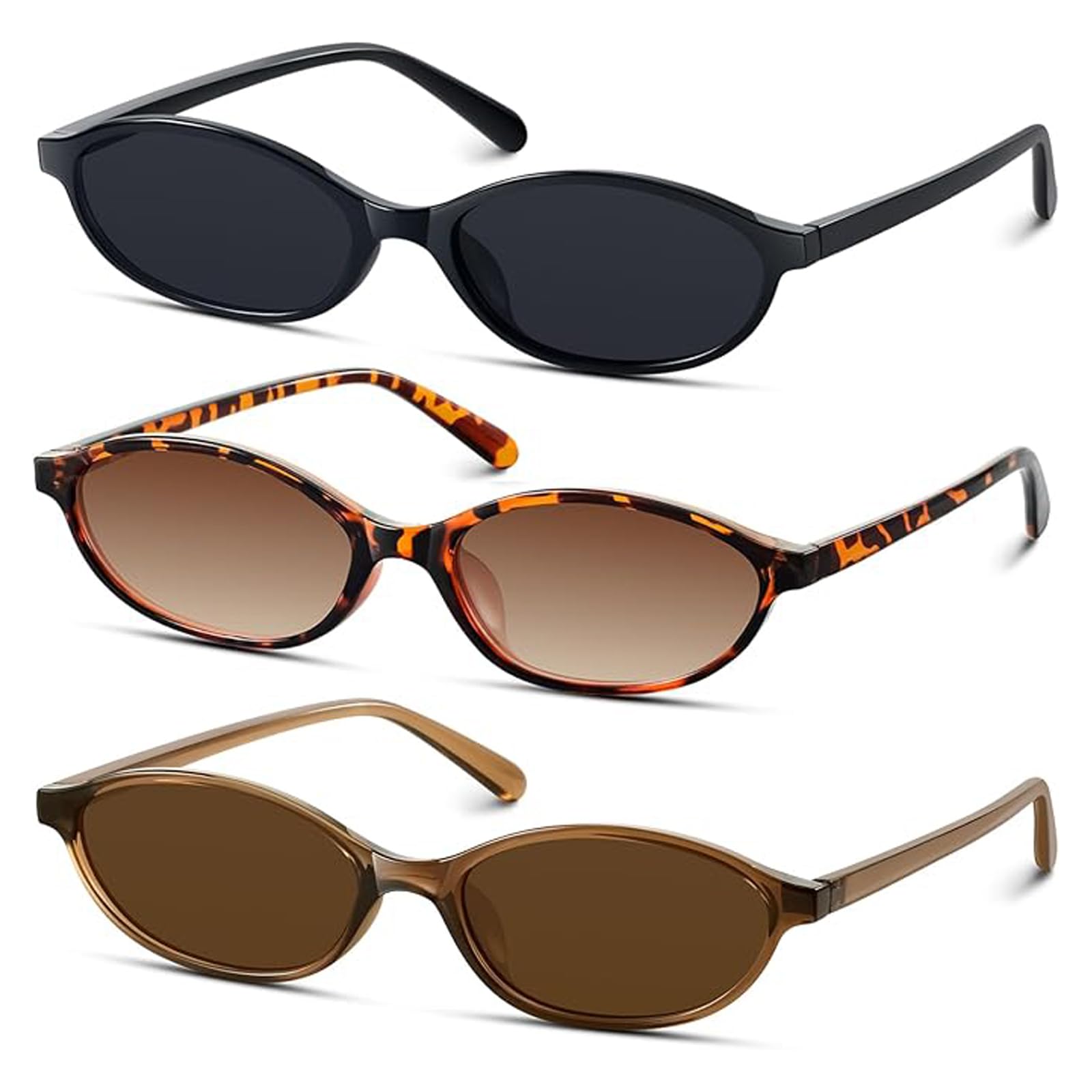 Oval Sunglasses 3 Pack Cat Eye Retro Sunglasses 90s Slim Small Face Vintage Sunglasses for Women UV400 (Black, Brown, Leopard Print)-image-14
