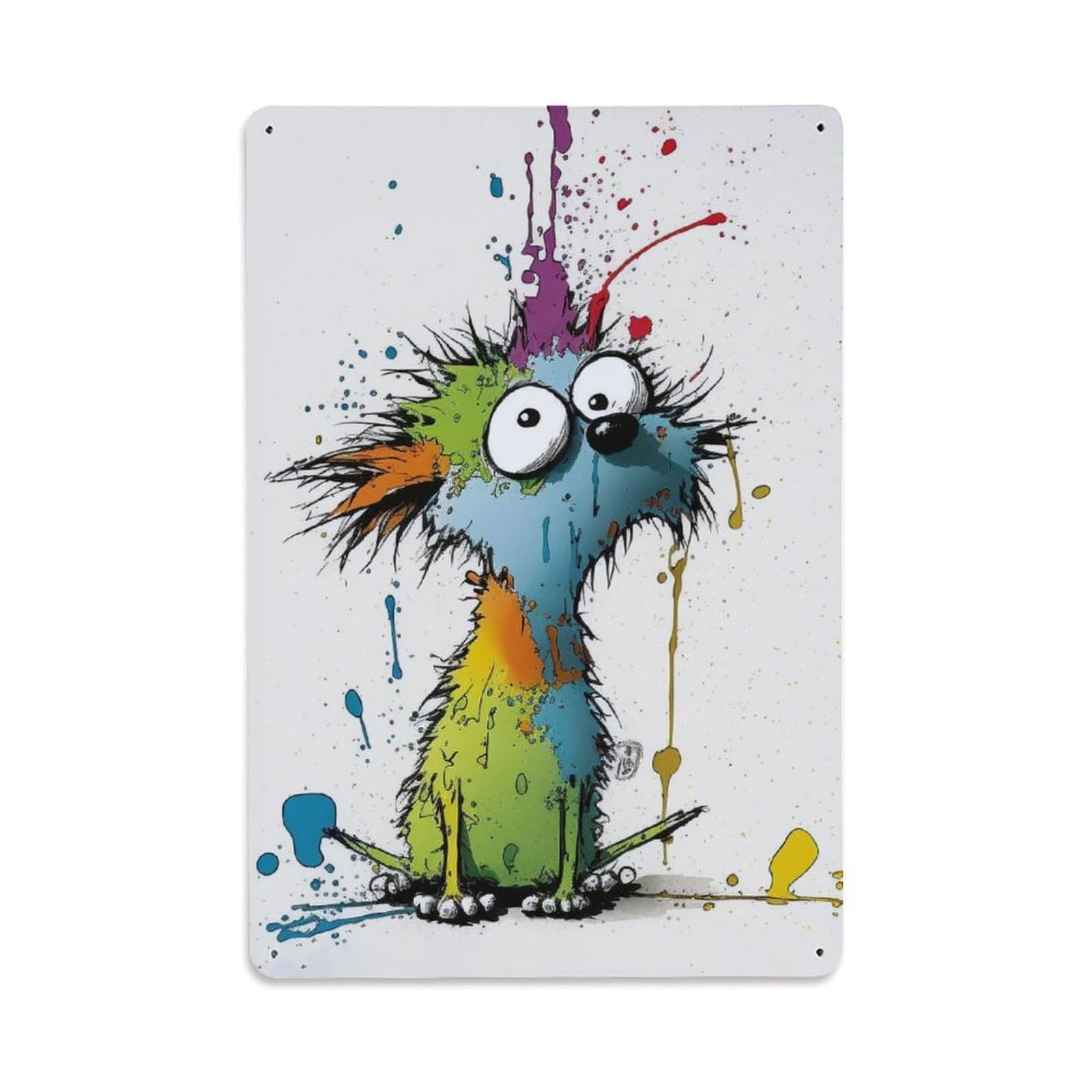 Cartoon Puppy Wildlife Vintage Doodle Splatter Aesthetic Metal Tin Sign Plaque Wall Decor for Cafe, Man Cave, Club Bar, Office, Home Garden Round Metal Poster 8x12Inch