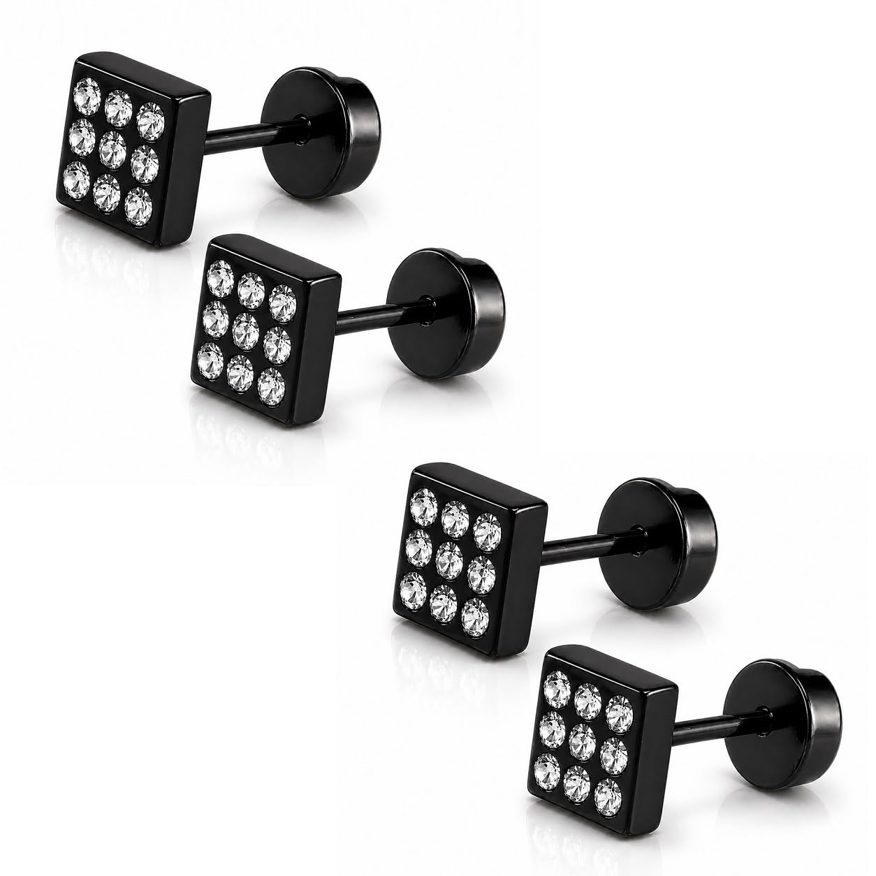 2 Pair Black Plated Sparkling & & Anti-Tarnish Square Cubic s Screw Back Zircon Stainless Steel Stud Earring-image-42