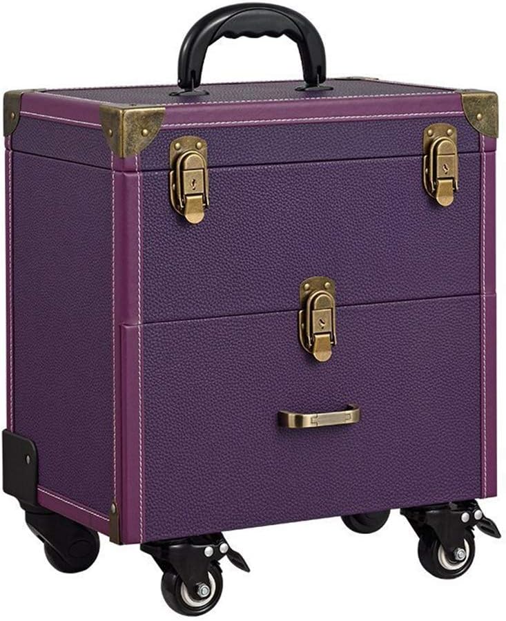 Multi-Function Rolling kable Makeup with Mute Caster Two-Layer Large Capacity Professional Nail Beauty Trolley Cosmetic Case,Pink (Purple)