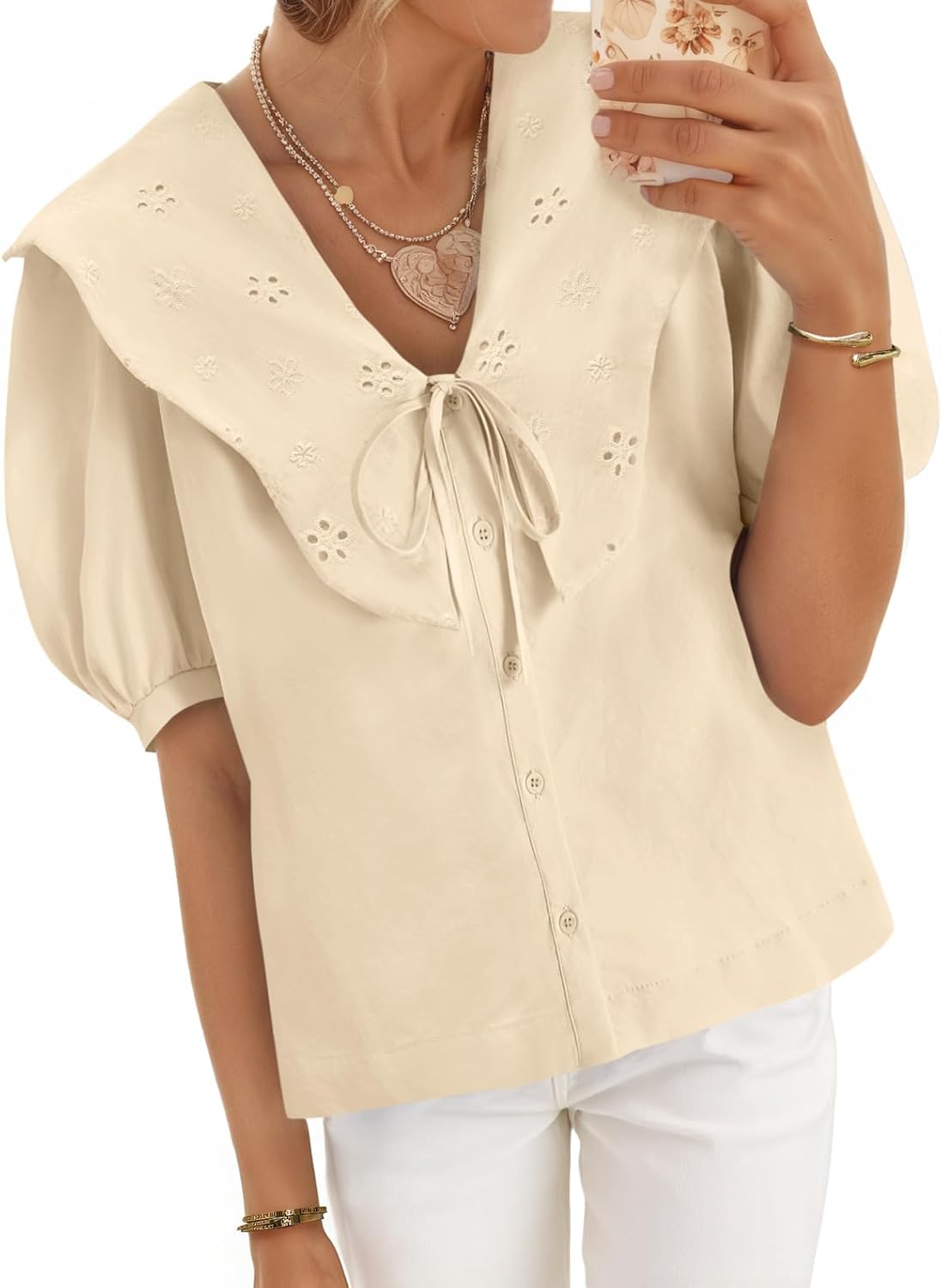 Cicy Bell Womens Peter Pan Collar Button Down Shirts Puff Short Sleeve Summer Casual Eyelet Tops Cotton Loose Fit Blouses