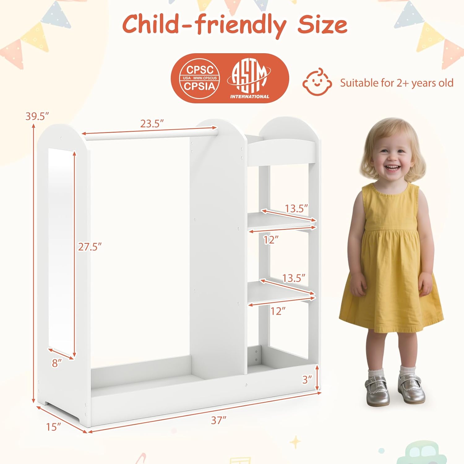 HONEY JOY Kids Dress up Storage with Mirror, Wooden Children Costume Wardrobe Closet, Open Hanging Toddler Armoire, Pretend Play Baby Dresser for Bedroom Playroom, Gift for 2+ Years Old (White)