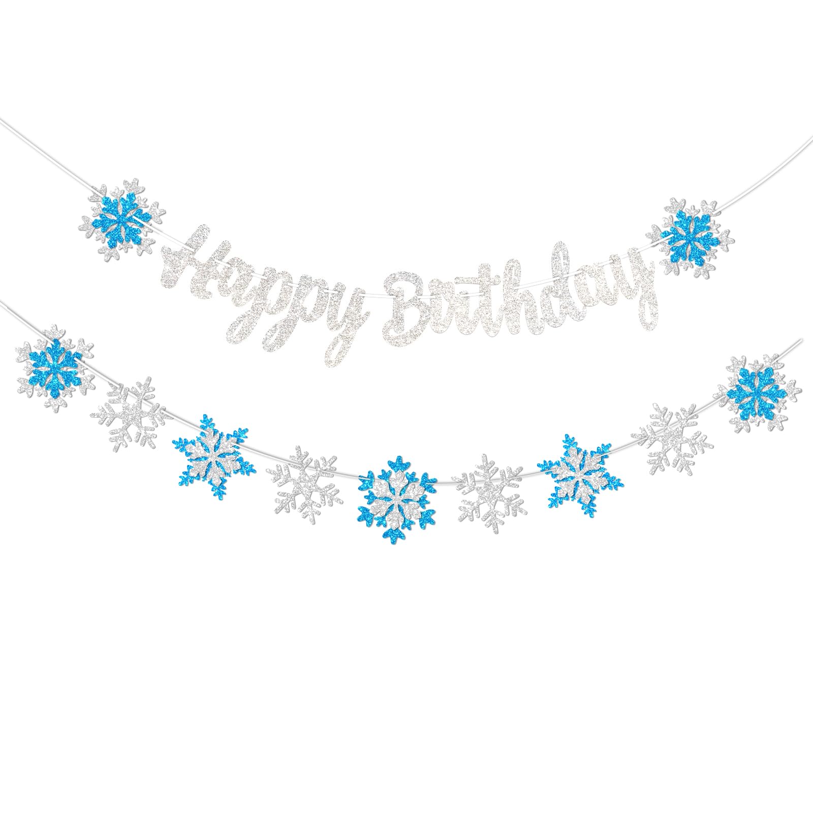 Frozen Snowflake Birthday Decorations Banner Snow Winter Glitter White and Blue Snowflake Happy Banners for Winter Wonderland Party Christmas Birthday Party Supplies Favors