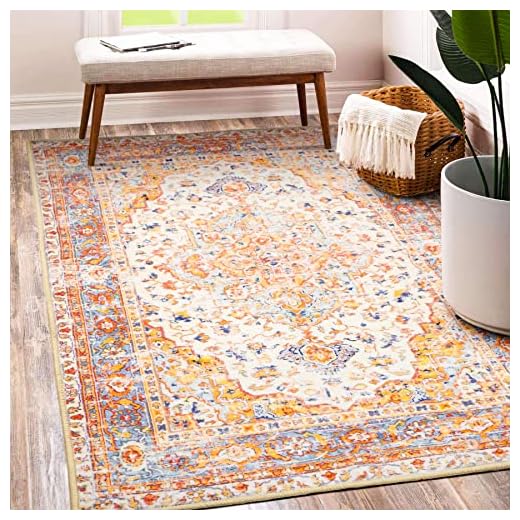 MUJOO Machine Washable Rugs 3x5 Boho Area Rug Small Area Rugs Non Slip for Entryway Bedroom Bedside Kitchen Hallway Living Room Laundry Room Persian Indoor Mat Soft Low-Pile Burnt Orange and Blue