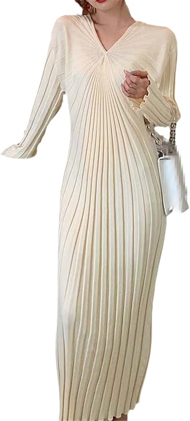 Vestido de Jersey moda coreana Vestidos de punto elegantes de mujer vestido  de cintura alta talla grande mujeres Vintage Vestidos Midi Vestidos de  otoño suéter de Mujer Vestidos plisados mujeres de manga