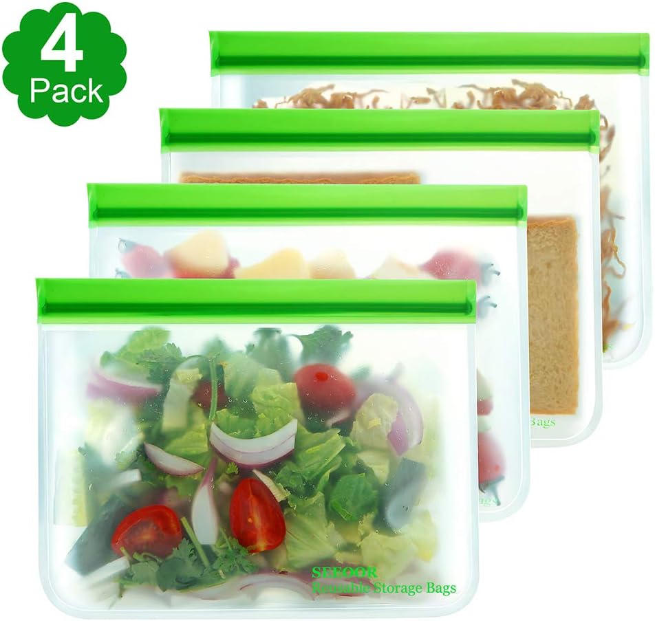 Reusable Storage Bags, SEEOOR Leakproof Freezer Bag, Ziplock Bags BPA Free for Food Snacks, Fruits, veggies, Lunch, Sandwiches, Make-up, Travel (4 Pack)
