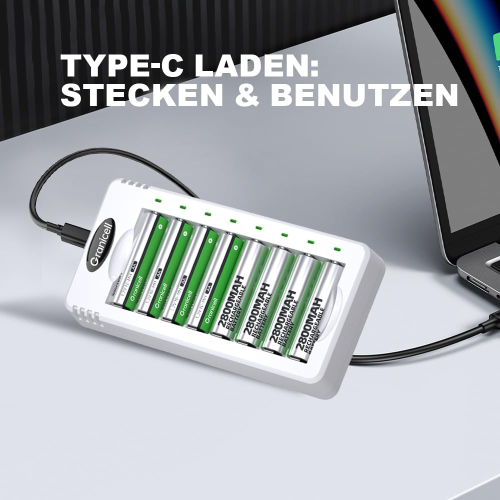 Granicell 8-Slot Akku Ladegerät mit 16 Stück Akkus (8X AA 2800mAh + 8X AAA 1100mAh), 1.2V Mignon Micro NI-MH Wiederaufladbare Batterien (Vorgeladen), XXL Familien-Kombiset