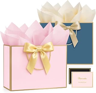 ANZNKU 선물 가방 미디엄 32cm(12.6인치) 핑크 & 블루, 남성 및 여성용, 손잡이가 달린 귀여운 종이 선물 가방 2개, 리본 2개, 티슈 페이퍼 4개, 카드 2장, 결혼식, 브라이덜 베이비 샤워, 생일, 졸업 선물, 파티 선물