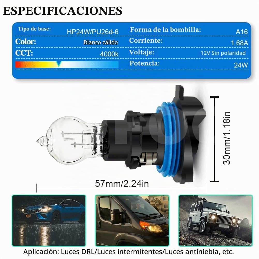 SOFOC HP24W Bombilla 12V Luces de Niebla Blanco Cálido Faro de Niebla DRL Luces de Posición Para Modelos C5 24W Bombilla PG20-1 No Polarizada 2Piezas