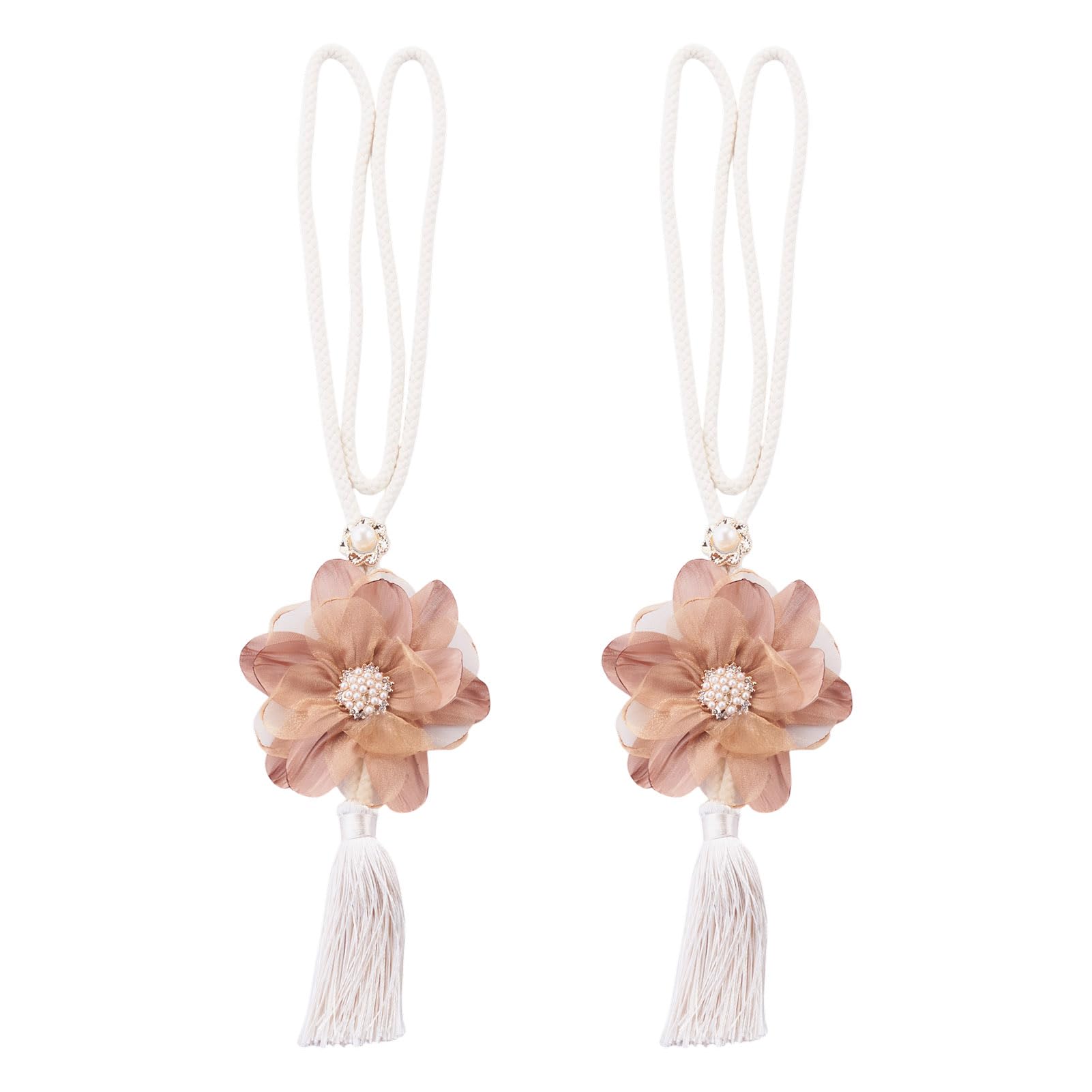 Bestewelry 2 pcs Flower Curtain Tiebacks 610mm Flower Tie Backs for Curtains Adjustable Floral Tassel Curtain Holdbacks for Living Room Bedroom Wall Window Decoration, Sandy Brown