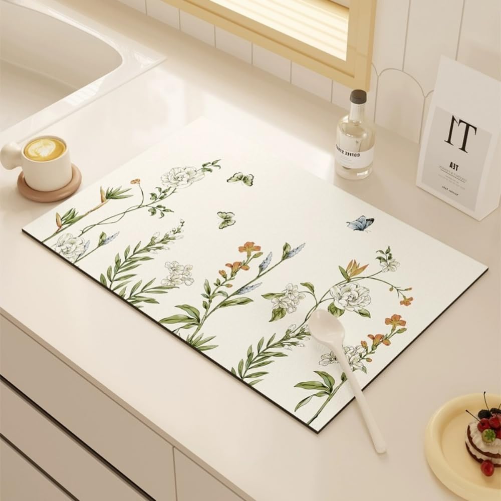 Dish Drying Mat Butterfly and Flower Countertop Drain Mat Sink Faucet Suction Mat Kitchen Bar Dish Insulated Table Mat (Butterfly's dream-white,20*20 in)