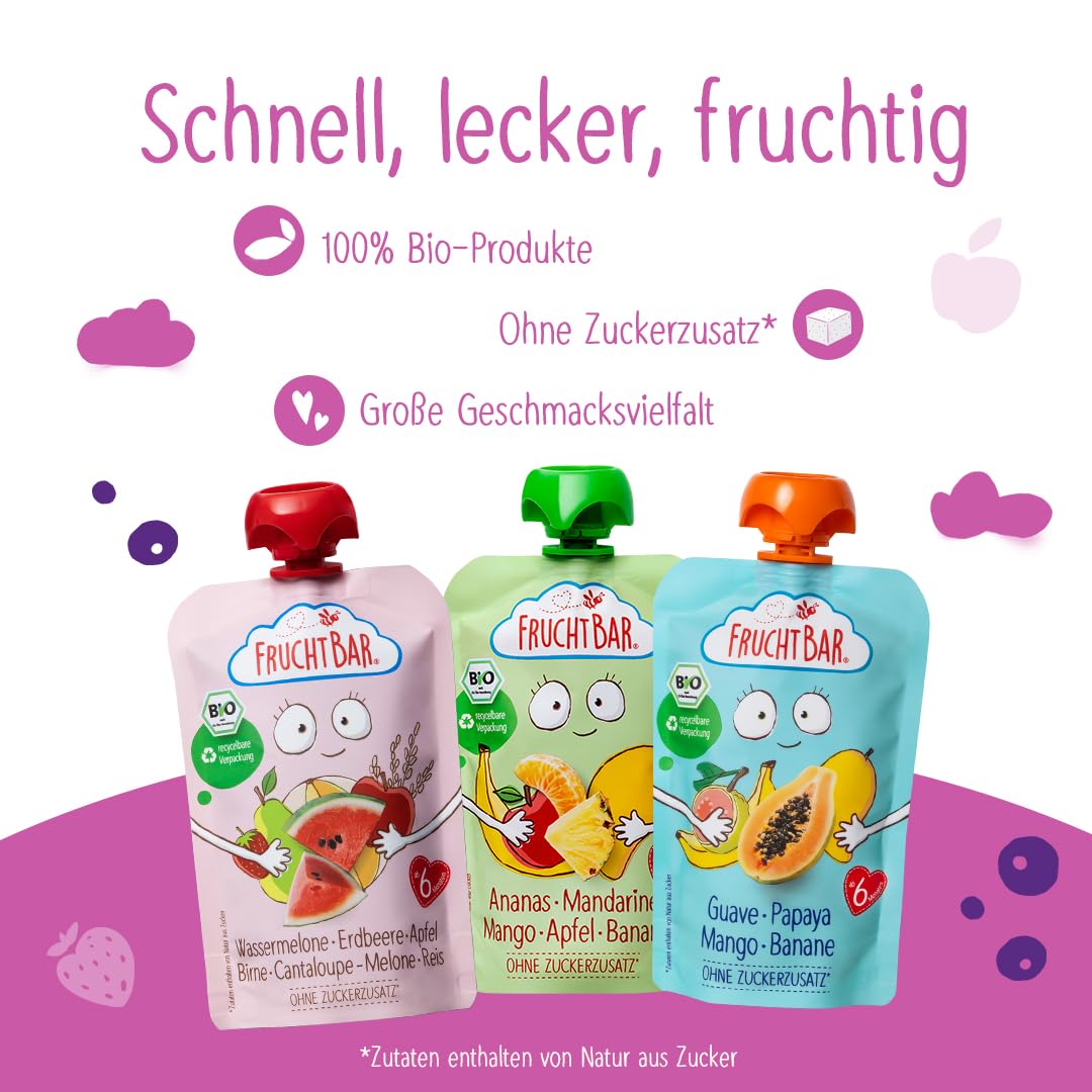 FruchtBar-Bio Quetschie, 24 Stk. Mix, 3 verschiedene Sorten, Fruchtpüree für Babys ab 6 Monaten & Kinder (Bio Quetschie Mix mit Getreide)