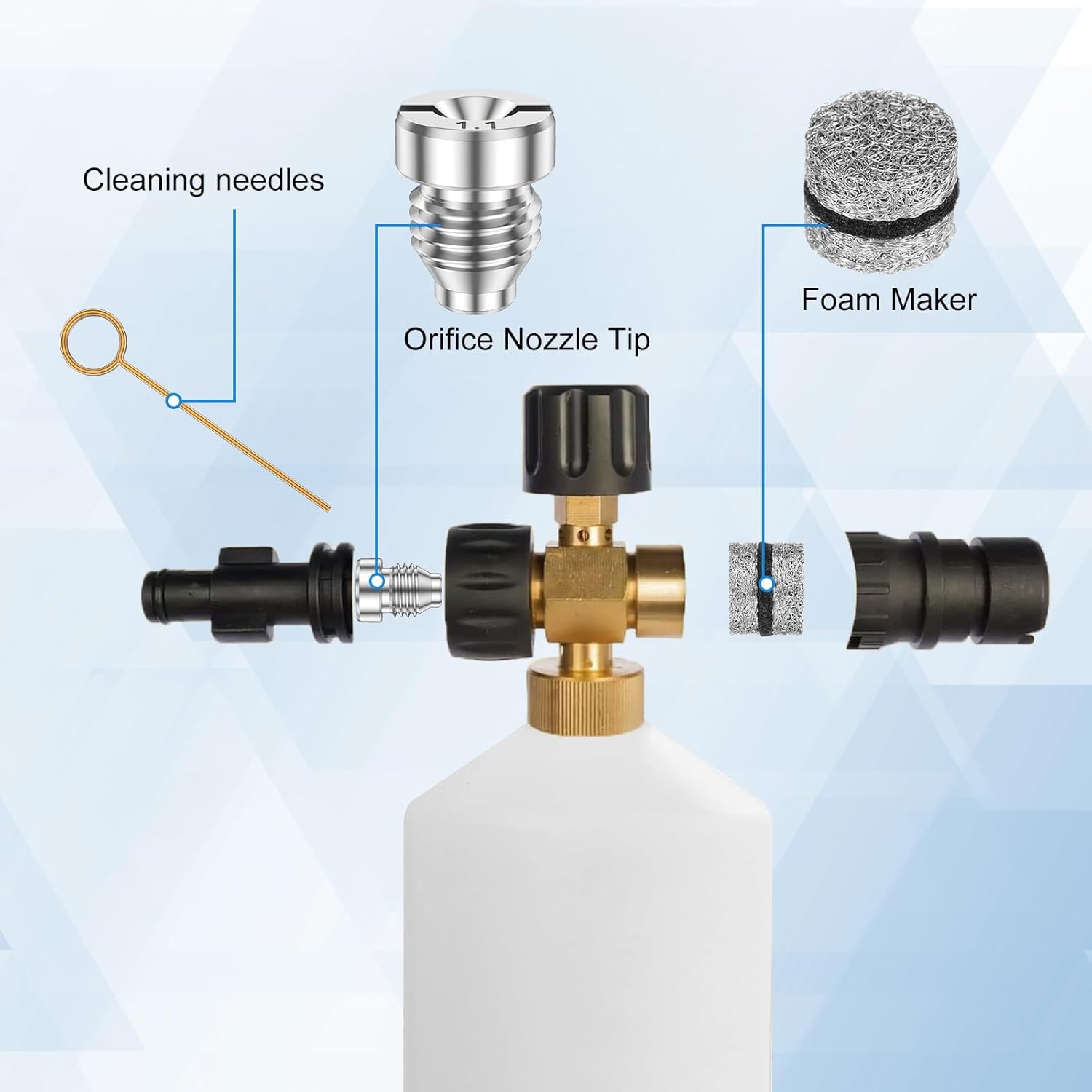 9Pcs Foam Cannon Orifice Nozzle and Foam Maker Meshes Kit, 1.1 mm Thread Nozzle Tip and Mesh Filter Set, Thread Orifice Nozzle Tip Replacement Kit with Cleaning Needle, 4000 PSI (01)