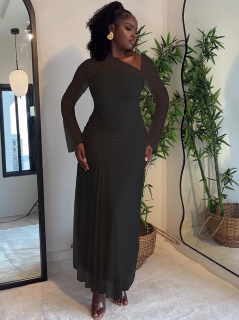 HWP Women Sexy Lace Maxi Dress Off Shoulder Long Sleeve Bodycon Dress Ruched Mesh Wedding Guest Cocktail Party Long Dresses - Image 2