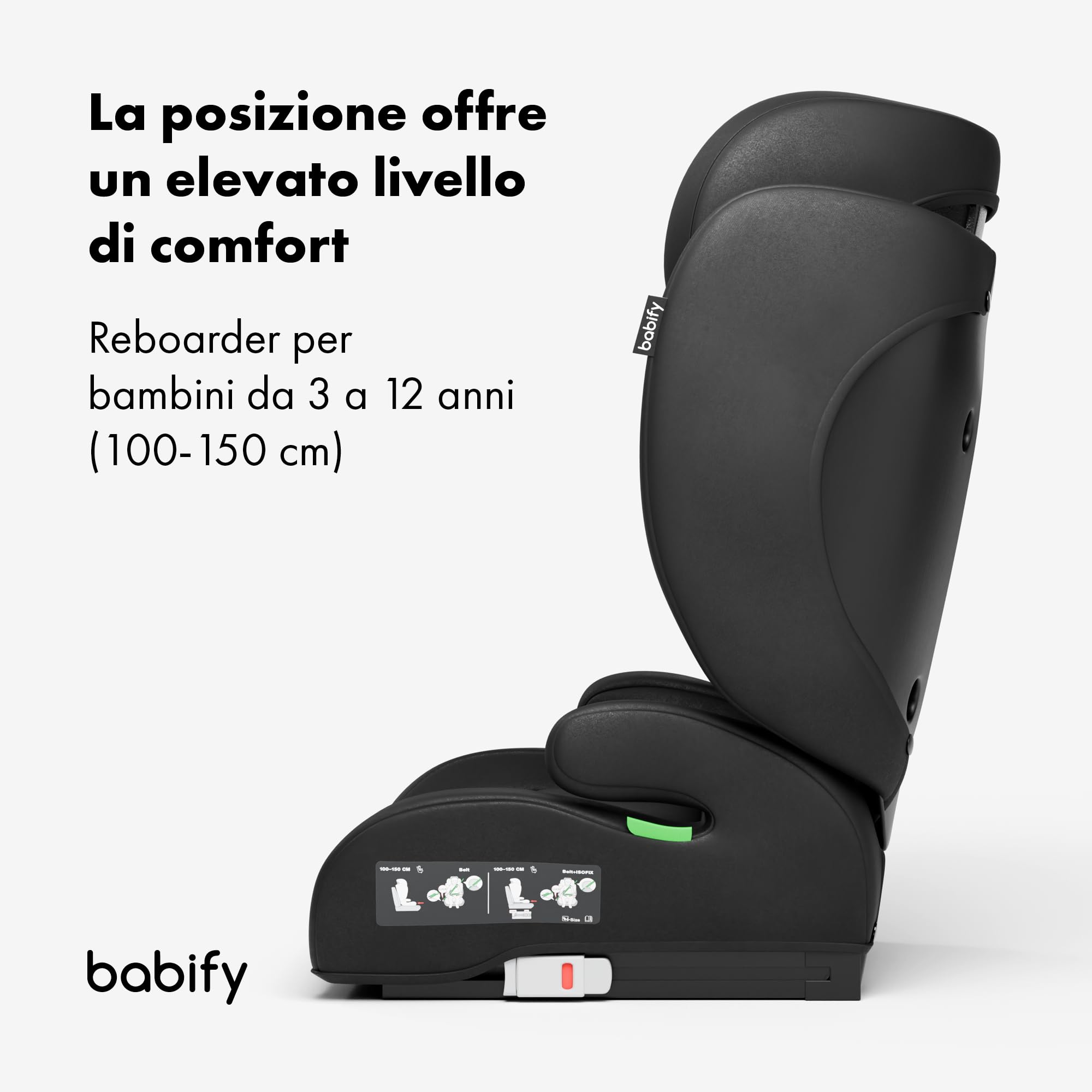 Babify FlexiFit Basic - Seggiolino per Auto Isofix, Gruppo 2/3 (15-36 kg, 100-150 cm), Poggiatesta Regolabile in 13 Posizioni, Design Pieghevole, Rivestimento Lavabile, Sicurezza ECE R129, Nero