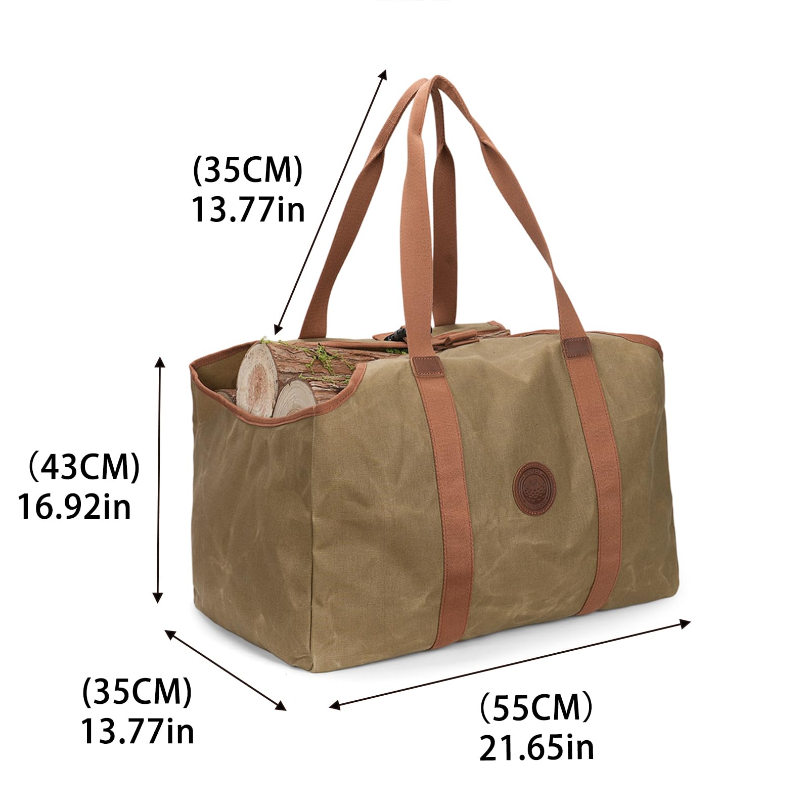 Borsa per legna da ardere in tela cerata resistente, con passante per ascia | Grande capacità, cinturino con fibbia a sgancio rapido, doppie maniglie per il trasporto, tasca frontale per attrezzi
