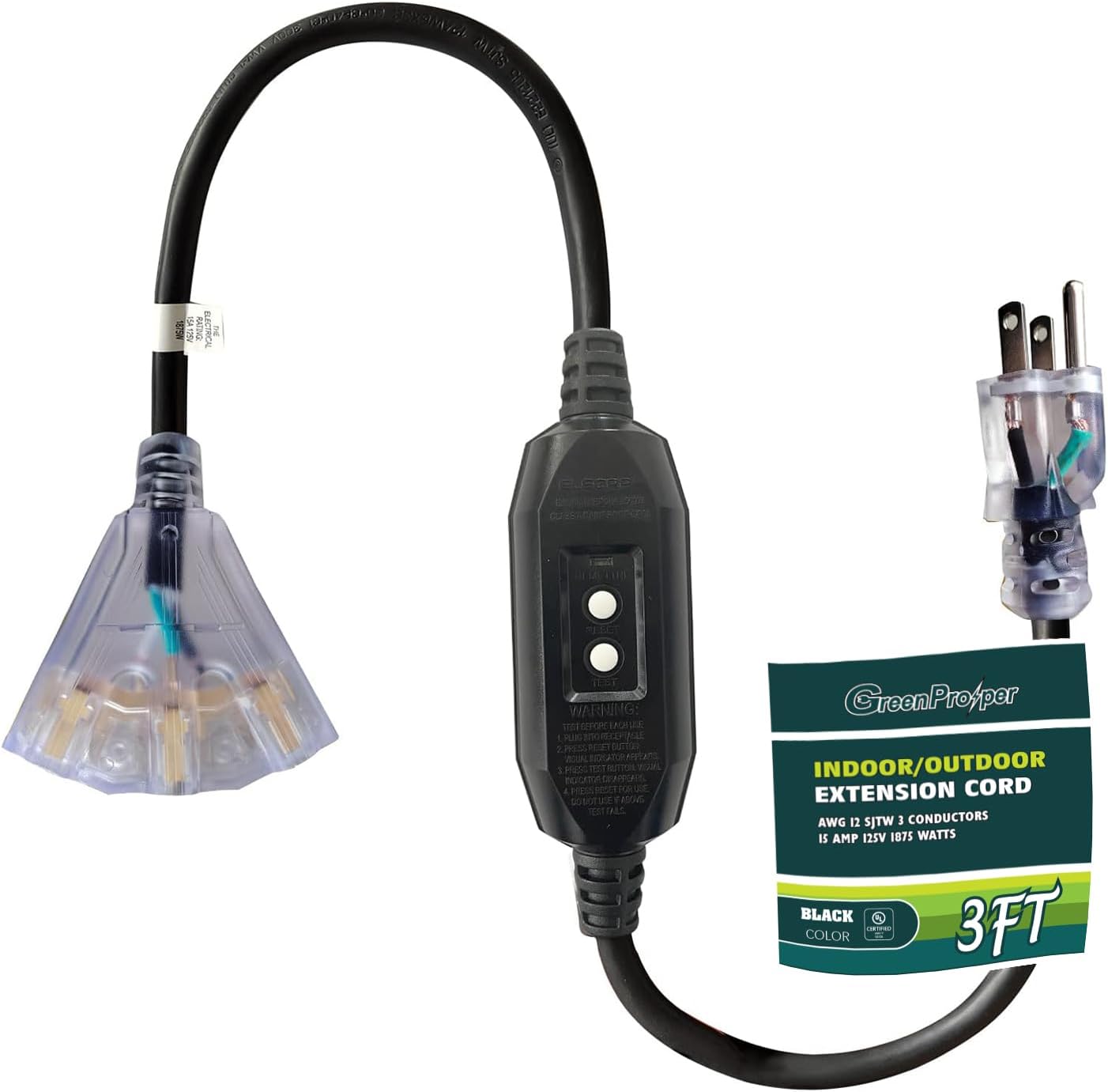 GreenProsper 3 Ft Outdoor GFCI Lighted Extension Cord with