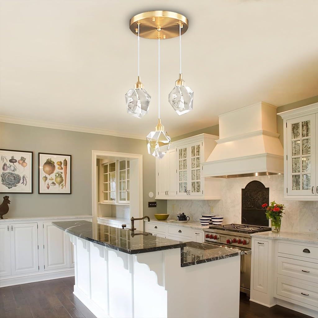 Lysdjia Warm Light Chandelier Modern Crystal Pendant Lights Round Gold Hanging 3-Light Ceiling Lamp With Adjustable Cord Raindrop Dimmable Chandeliers For Dining Room Kitchen Island Staircase Foyer Farmhouse