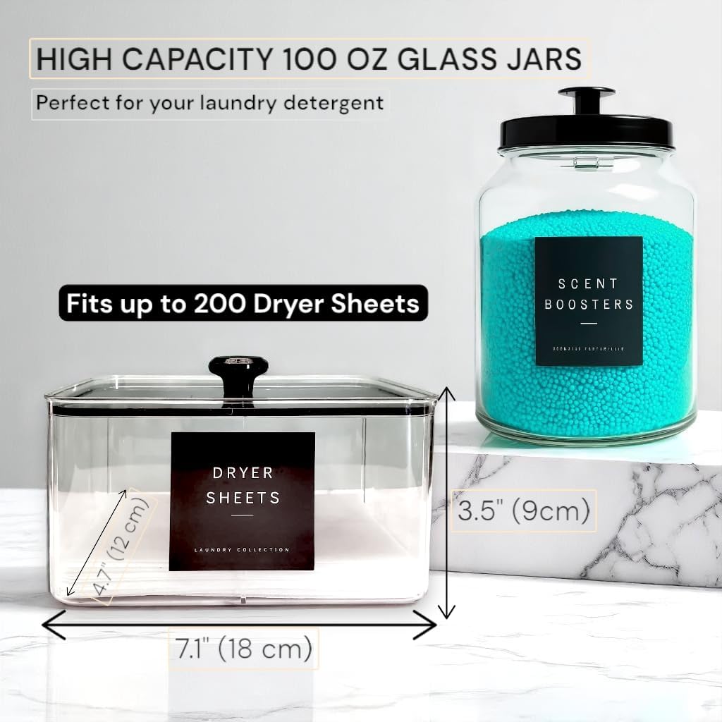 Glass Laundry Room Organization and Storage Set with Containers for Laundry Pods, Dryer Balls, Fabric Softener, Scent Booster Acrylic Dryer Sheet Holder 2 Large Glass Jars Labels and Scoops (3)