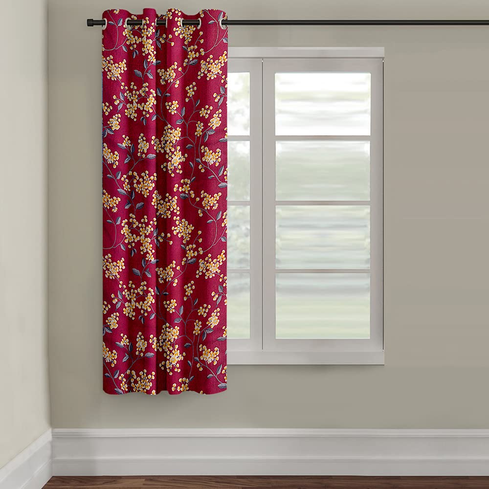 Cortina Floral Light-Filtering Polyester Curtains 5 feet Long Set of 1 for Window [ Opacity: 50-60%, Color: Maroon, Printed Curtain -130 GSM ]