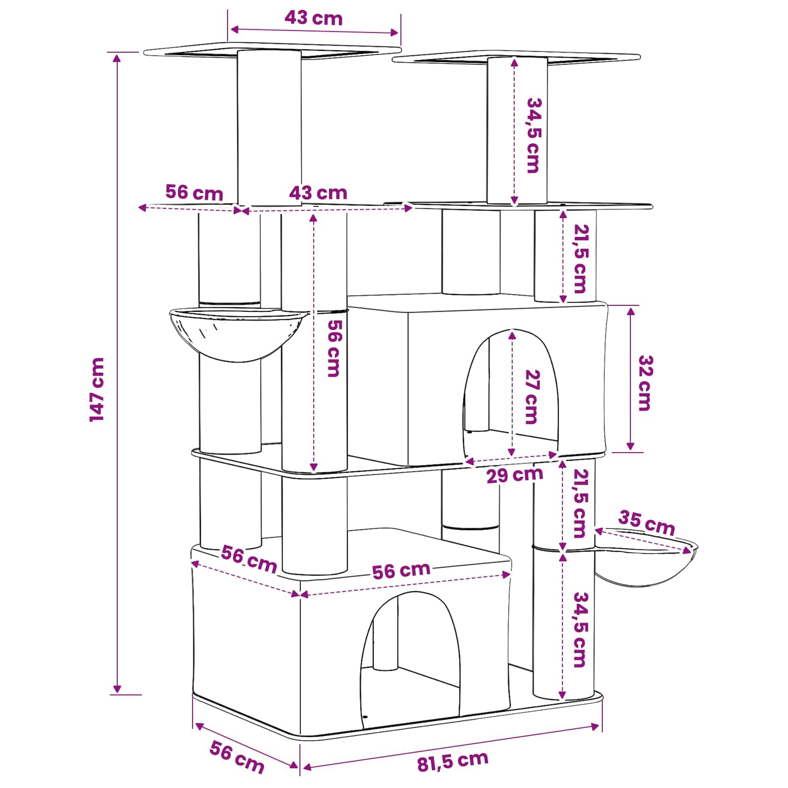 Juego de 2 árboles para gatos con pilares rascadores de sisal, gris oscuro, 147 cm | Torres de escalada de dos pisos para el salón con acogedora cueva y robustos troncos de sisal para el cuidado de las garras.