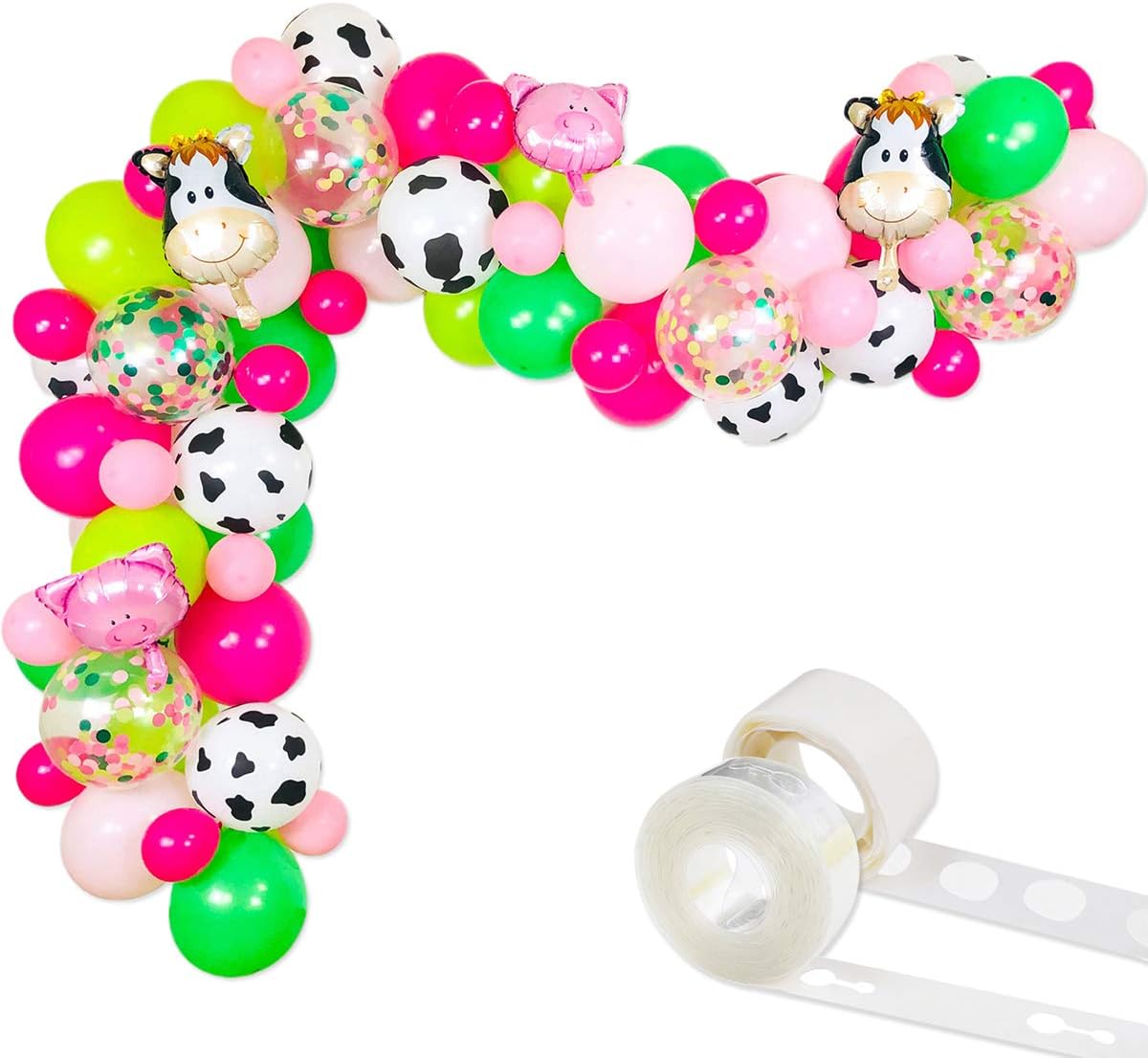 Animal Farm Balloon Garland & Arch Kit, 79 Pack 12Inch 5Inch Cow Print, Green, Pink, Light Rose Red Latex Balloons Confetti Balloon Pig Cow Balloons Strip Set for Kids Farm Birthday Party Supplies