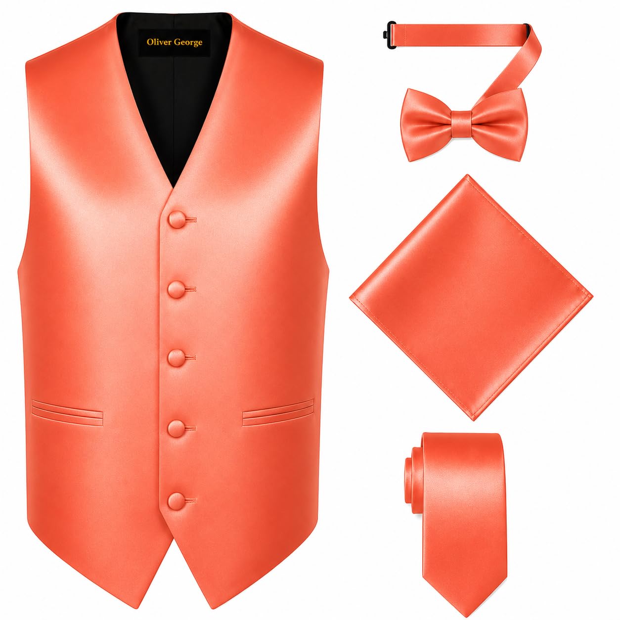 Oliver George 4pc Men's Solid Formal Suit Waistcoat Tuxedo Dress Vest Necktie Bowtie Handkerchief Set for Suit or Tuxedo