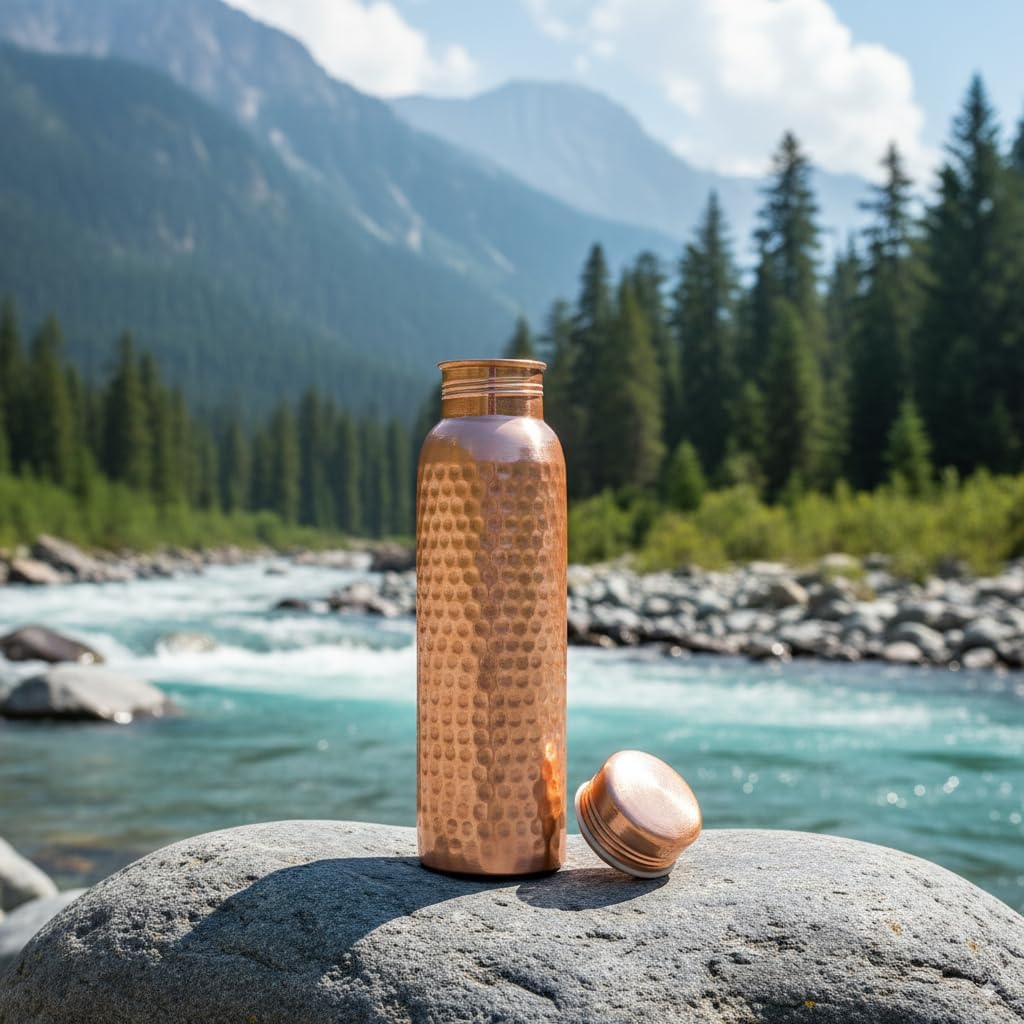 100% Pure Copper Water Bottel | Handmade Hammered Finish| Ayurvedic Benefits | Leak-Proof | Heavy Gauge Construction Pure Vessel For Drinking Healthy Water
