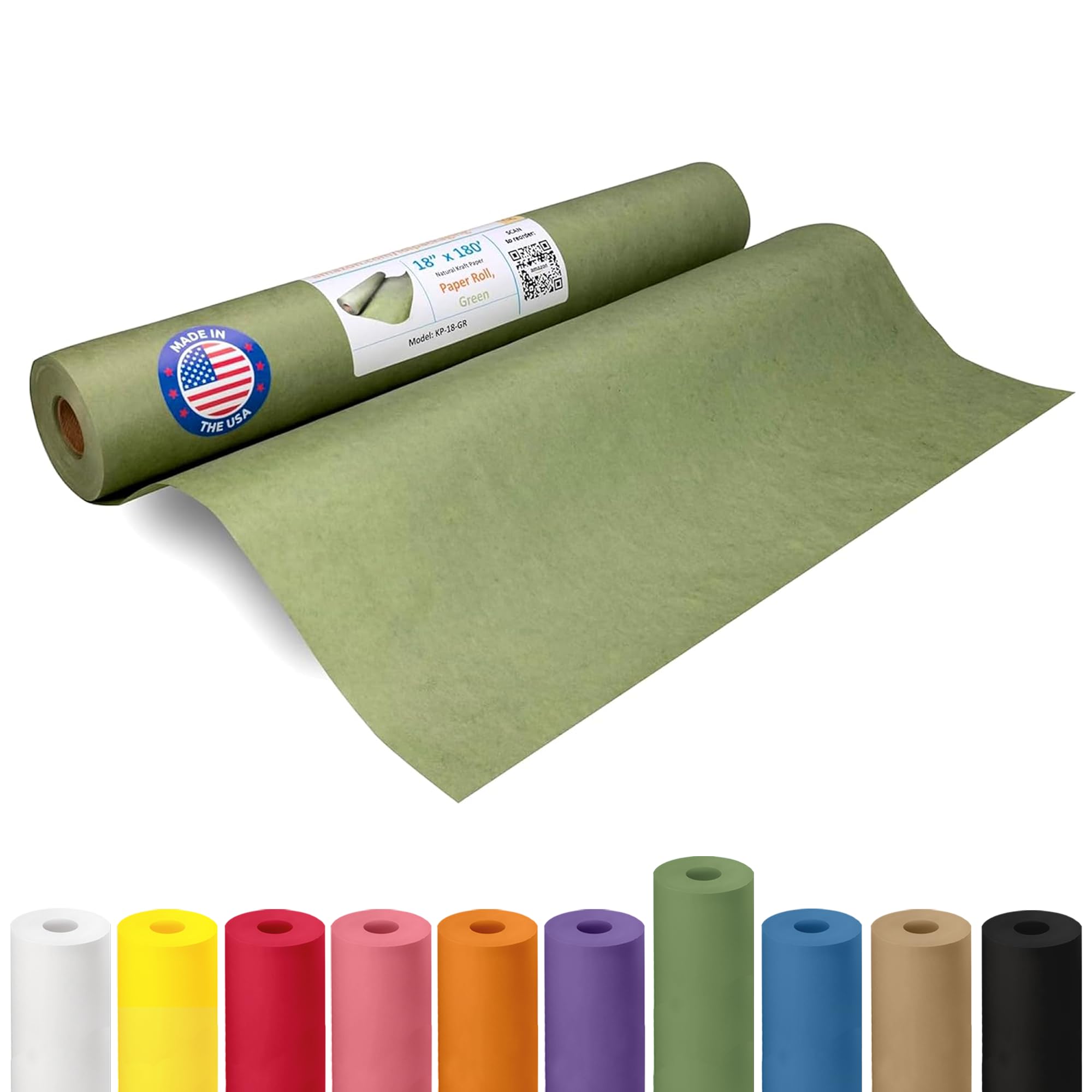Green Kraft Paper Roll 18" x 2160" (180 feet) - USA-Made Craft Paper for School, Gift Wrapping, Moving & Packing - High-Density Kraft Material for Art by IDL Packaging