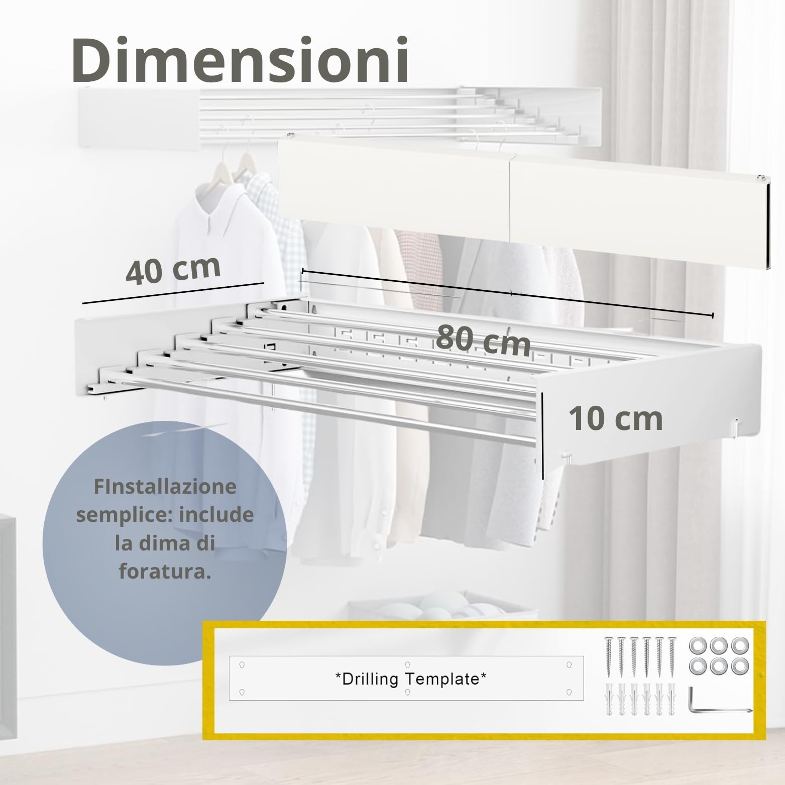 Stendino da Parete Pieghevole Estensibile Retrattile 80 cm con 24 Pinze Stendibiancheria da Muro Richiudibile Antiruggine Interno Esterno Salvaspazio