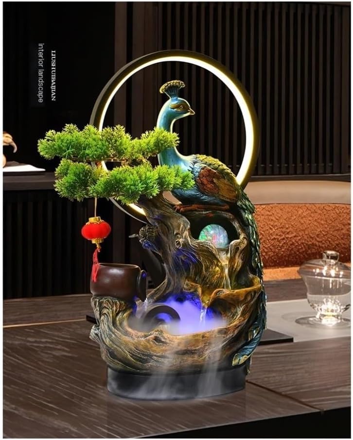 Table Top Water Fountain Indoor, Peacock Water Fountain Feng Shui Wheel Home Decoration for Living Room Home Decor