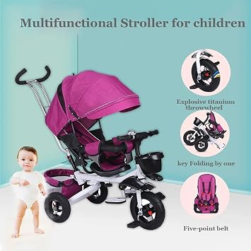 Gray,Style 2,JIYIAN 4-In-1 Foldable Baby Tricycle Stroller with Adjustable Sunshade & Reclining Seat - 3 Wheel Push Bike for Toddlers,Multi-Purpose Learning Bike with Shock Absorption, Removable Handr