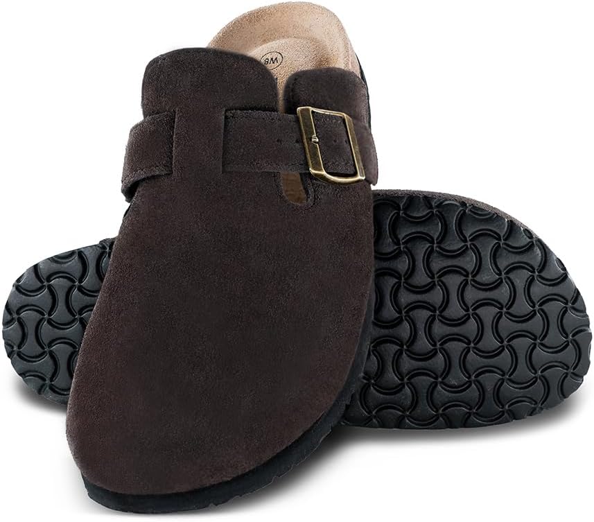 Women's Suede Clogs, Tan, Closed Toe Mule Slippers with Adjustable Buckle Strap