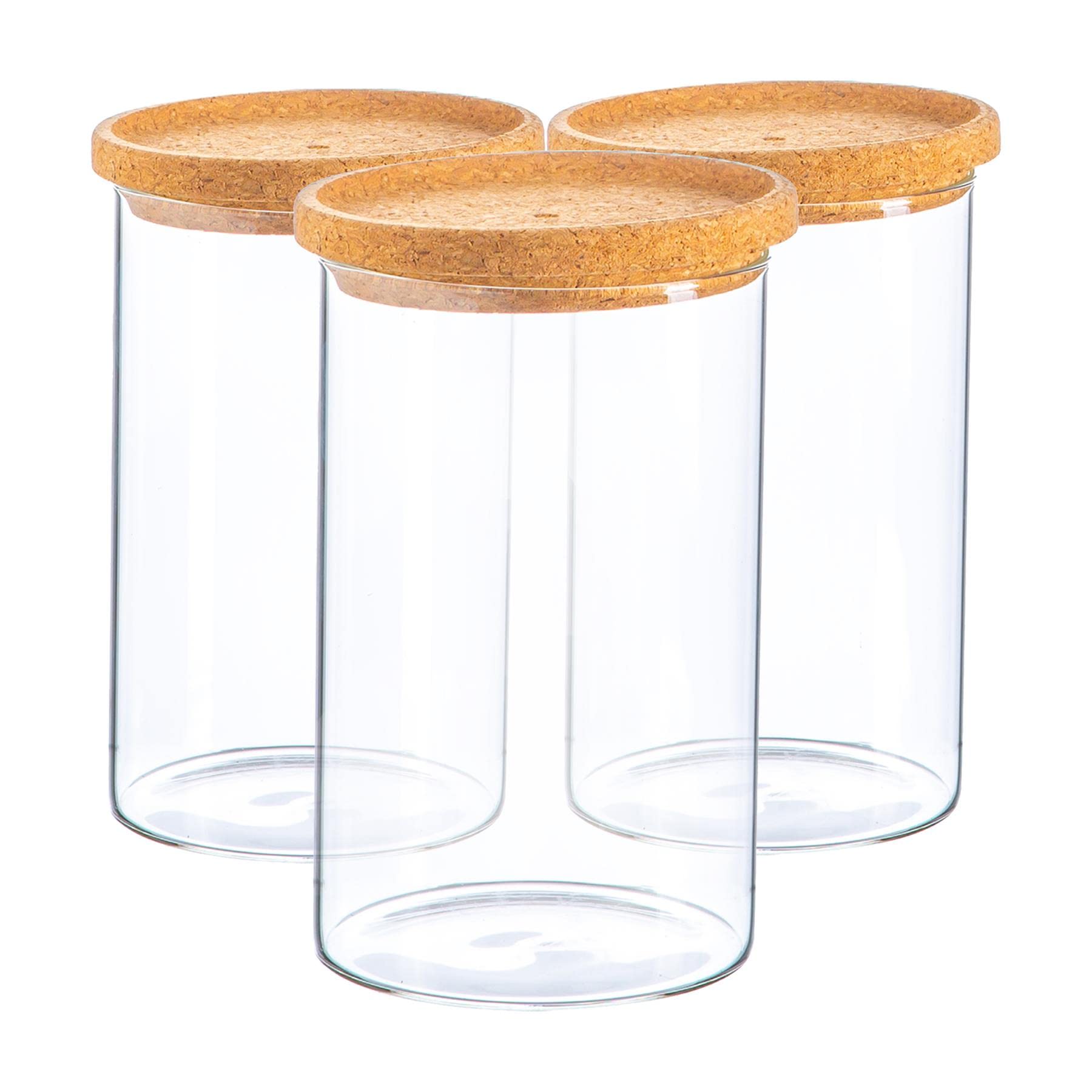 Argon Tableware Brown Scandi Storage Jars With Cork Lids - 1000Ml - 3 Pack - Modern Round Organisation Container Glass Jar For Kitchens, Pantry, Bathrooms, Utility Rooms