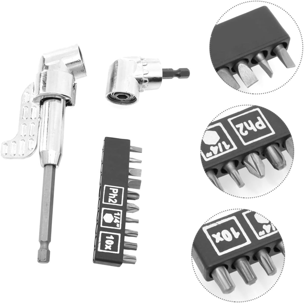 1Set Right Angle Driver Socket Adapter with Bits for Power Screwdrivers and Cordless Drills Compatible with Chuck Systems for Tight Spaces and Slow Speed Screw Driving