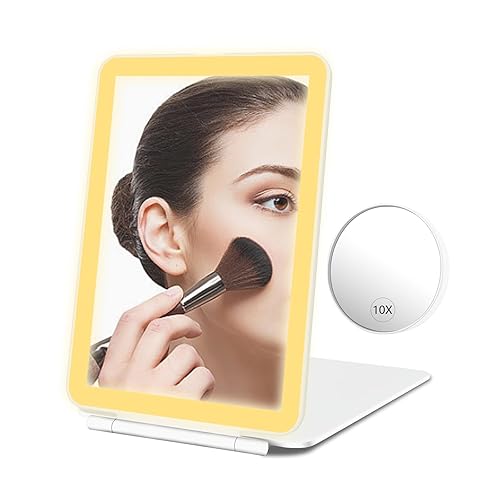 Dec.Metu Travel Mirror with Lights Makeup Mirror Touch Screen 3 Colors Light 72 LEDs Rechargeable, 2000mHA 7.9x5.3-Inch Desk Compact Mirror White - White