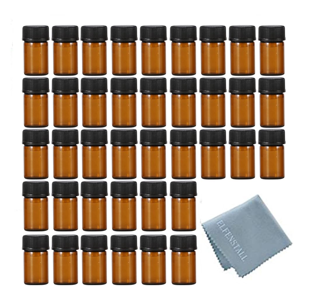 50Pcs 2ml Oil Bottles for Essential Oils (5/8 Dram) Amber Glass Vials Bottles, with Orifice Reducers and Black Caps