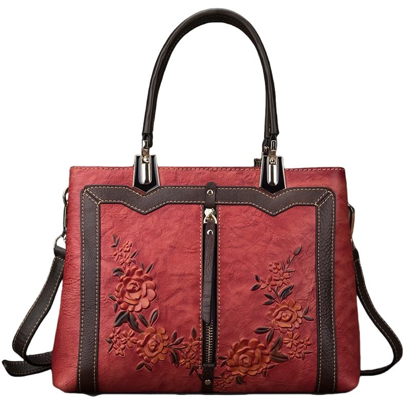 Sac à main vintage en cuir gaufré floral café grand volume fourretout femme style rétro chic