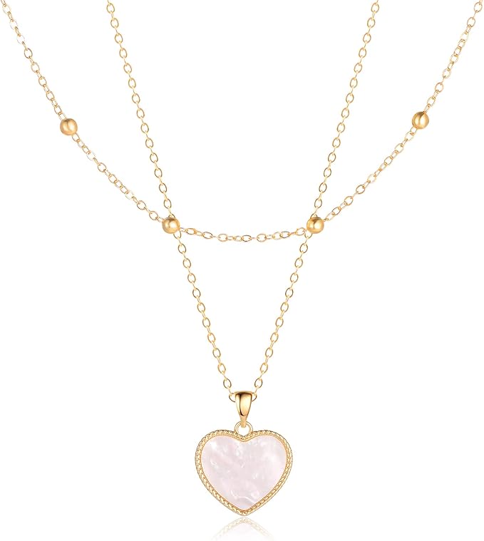 O.SECERT Gold Layered Heart Necklaces for Women, Mother of Pearl Pendant Necklace, 18K Gold Plated Flat Snake Chain | Beaded Chain Gold Layering Necklaces for Women Girls