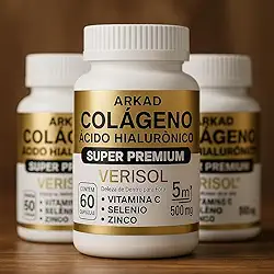 Colágeno Verisol® com Ácido Hialurônico 500mg – Arkad Super Premium 5 em 1 – Vitamina C, Zinco, Selênio – Pele, Cabelos, Unhas – Antirrugas e Firmeza – 60 cápsulas