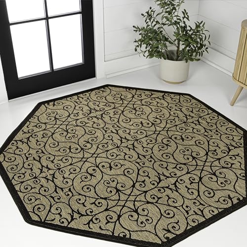 JONATHAN Y SMB107A-8TGN Madrid Vintage Filigree Textured Weave Black/Khaki 8' Octagon Indoor/Outdoor Area Rug, Non-Shedding, Stain Resistant, Fade Resistant, Easy-Cleaning for Backyard Patio, Porch