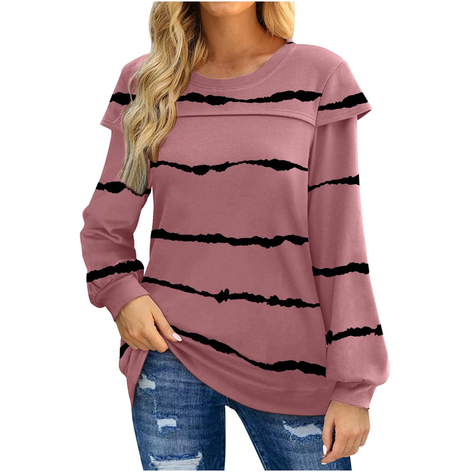Women Printed Long Sleeve Crewneck Sweatshirt Tops Ruffle Shirts Tunics Casual Patchwork Pullover T Shirts Blouse