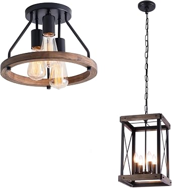 Wood Ceiling Light and 4-Light Wood Pendant Light Combo