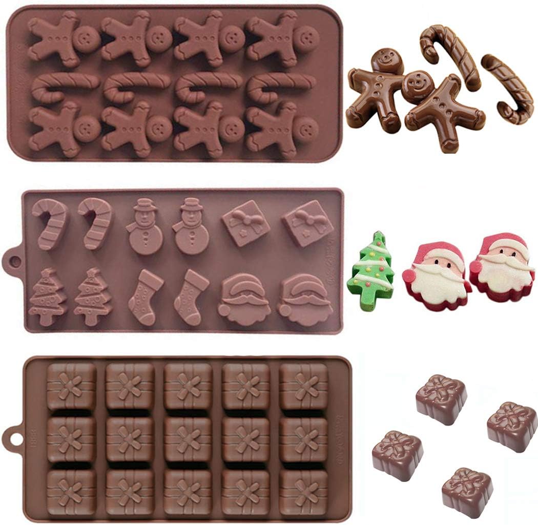 Christmas Silicone Chocolate Fondant Moulds Santa Claus Snowman Gift Box Xmas Tree Gingerbread Pudding Chocolate Candy Cookie Baking Mold for Cake Cupcake Decorating Sugarcraft Molds DIY Pack of 3
